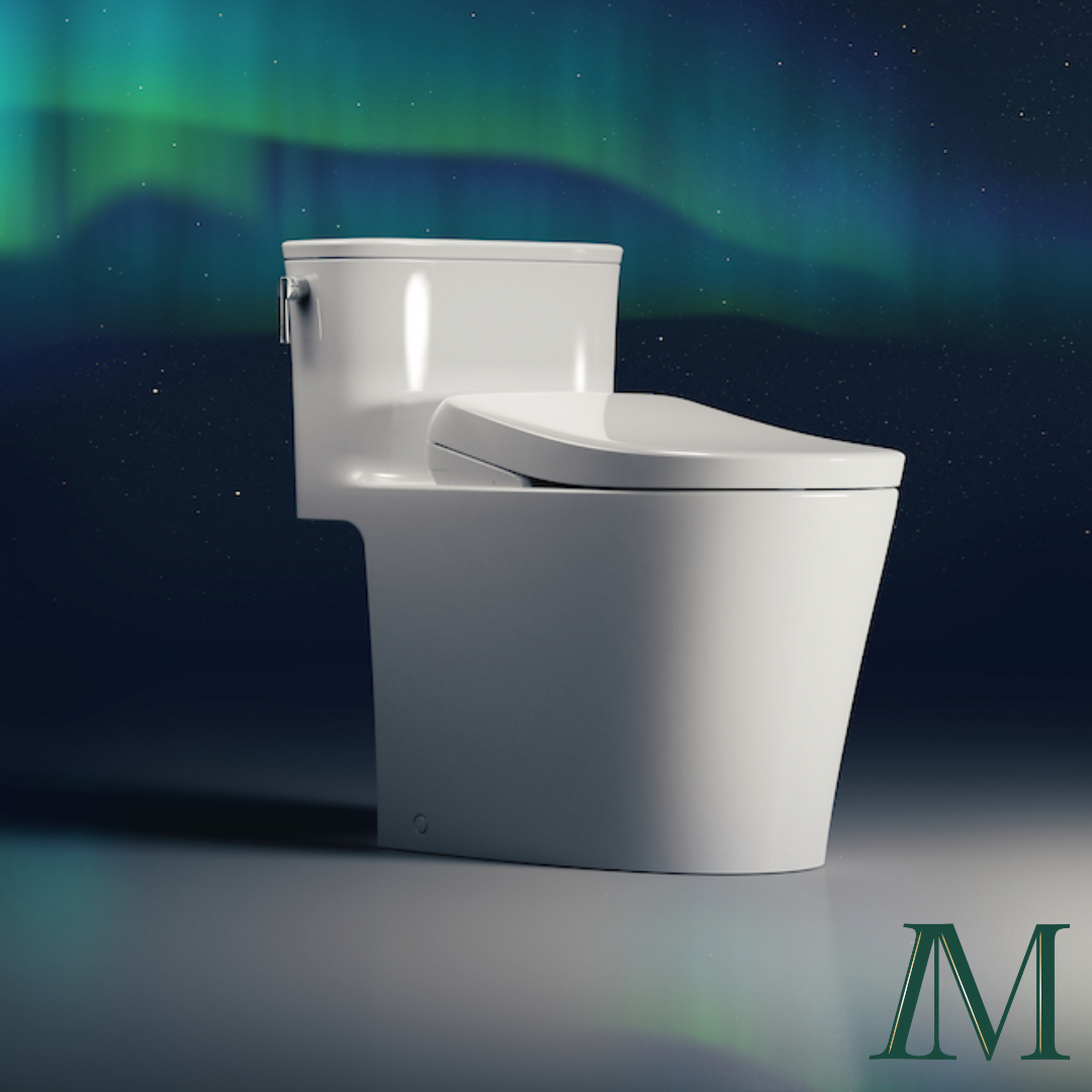 A TOTO Aurora toilet stands in the center of the image, while an image of the aurora borealis is pictured behind it.