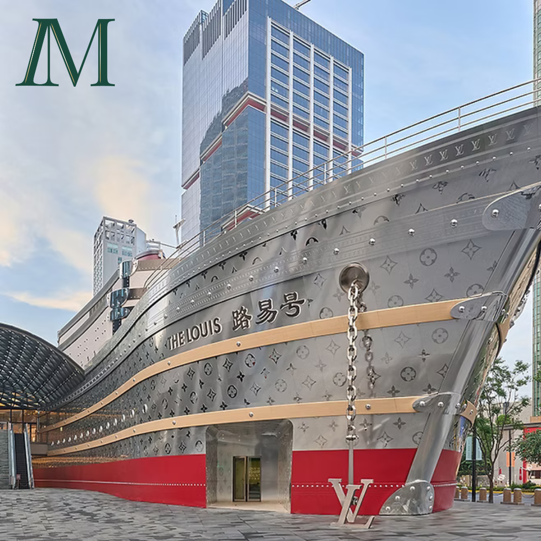 A large silver and red metal structure, shaped like a boat stands on a street in Shanghai, China. The entire boat is covered in the famous Louis Vuitton floral monogram, the anchor shaped like the LV logo. The boar bears the name: The Louis.